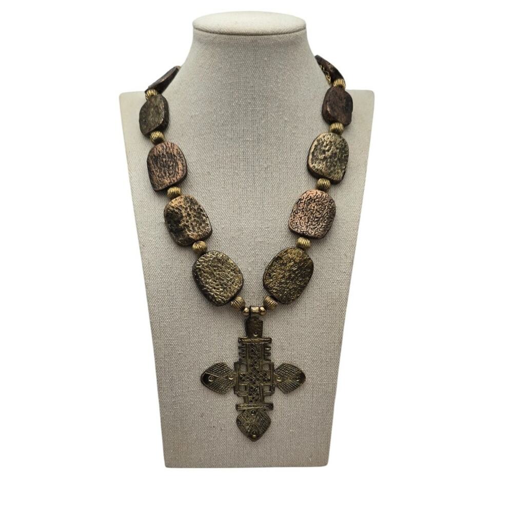 Bronze Textured Gold Statement Necklace Cross Pendant Artisan Old World Bold